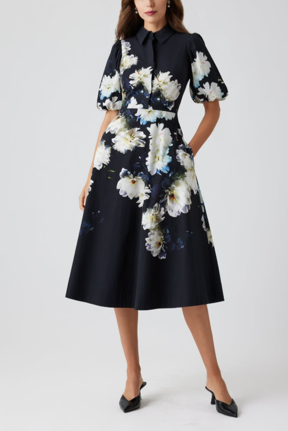COTTON PUFF SLEEVE FLORAL SHIRT WAIST DRESS
