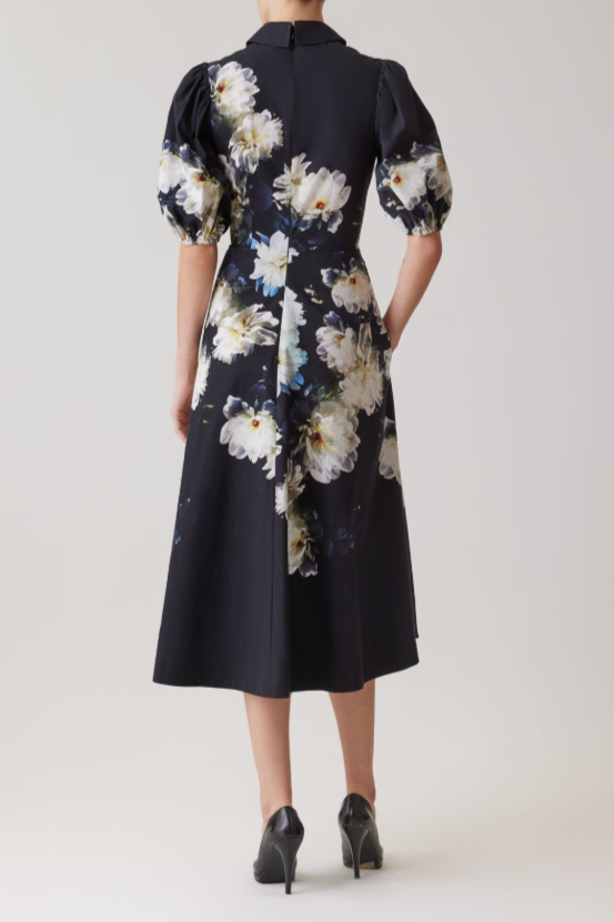 COTTON PUFF SLEEVE FLORAL SHIRT WAIST DRESS