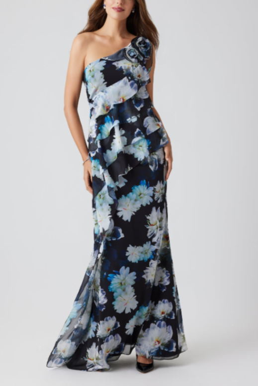 OFF SHOULDER FLORAL RUFFLE GOWN WITH ROSETTE DETAIL