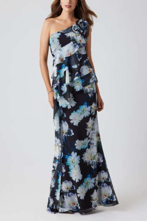 OFF SHOULDER FLORAL RUFFLE GOWN WITH ROSETTE DETAIL