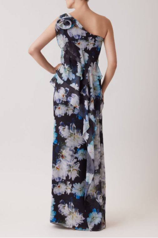 OFF SHOULDER FLORAL RUFFLE GOWN WITH ROSETTE DETAIL