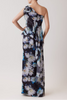 OFF SHOULDER FLORAL RUFFLE GOWN WITH ROSETTE DETAIL