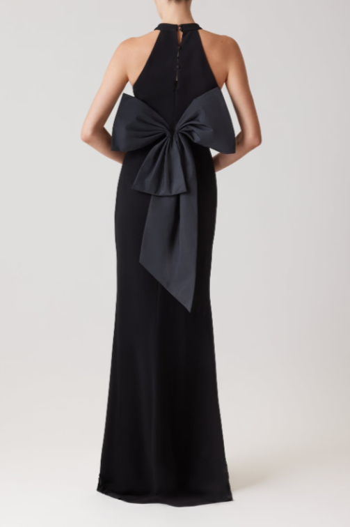 HALTER GOWN WITH ELEGANT OVERSIZED BLACK BOW