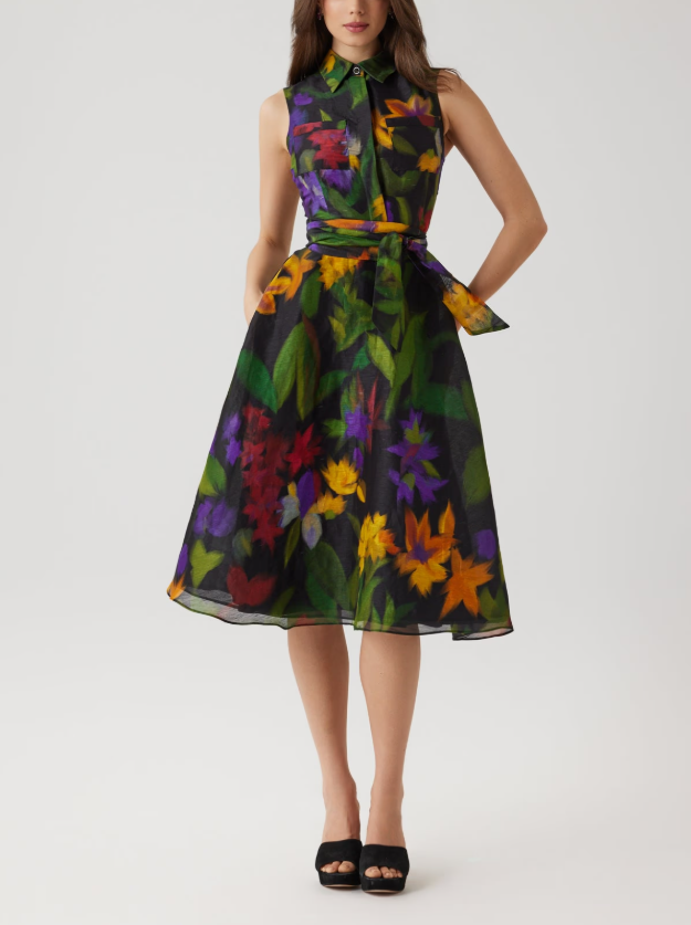 SILK LINEN HAZY FLORAL SLEEVELESS SHIRT DRESS