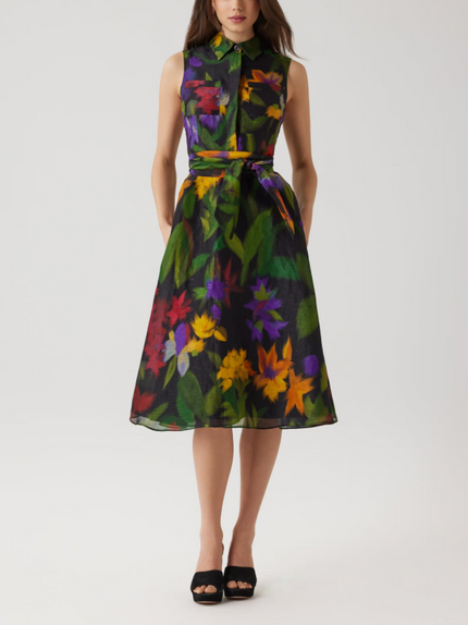 SILK LINEN HAZY FLORAL SLEEVELESS SHIRT DRESS