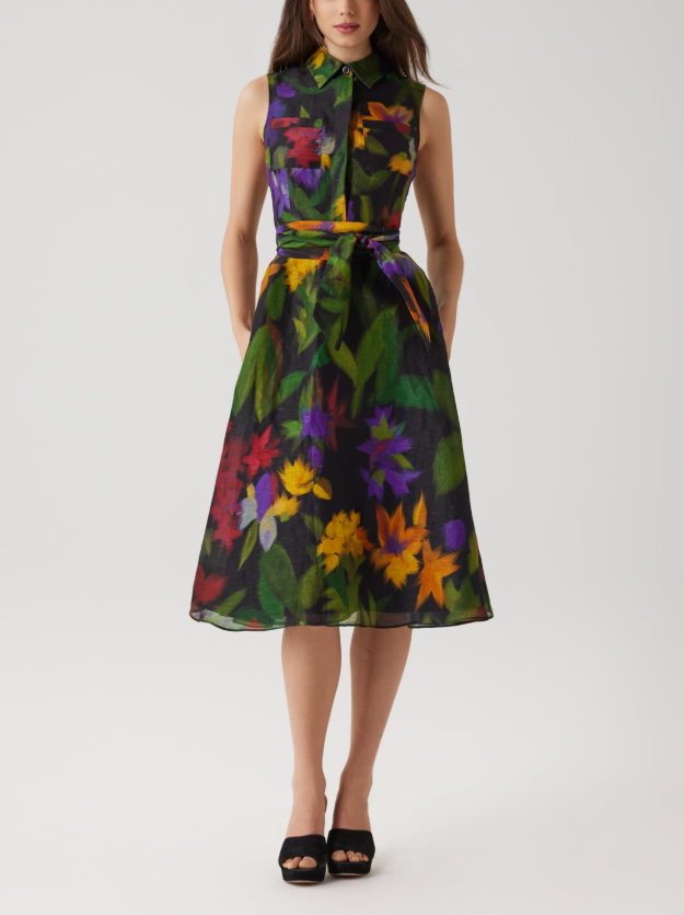 SILK LINEN HAZY FLORAL SLEEVELESS SHIRT DRESS