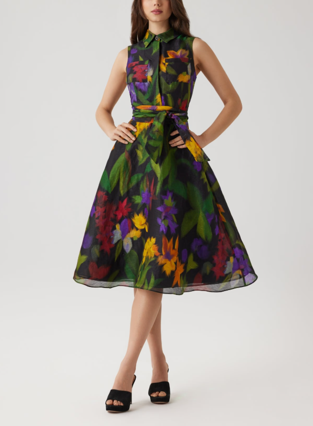 SILK LINEN HAZY FLORAL SLEEVELESS SHIRT DRESS