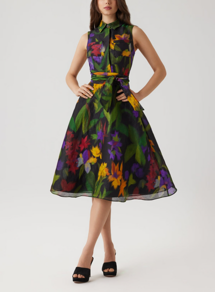 SILK LINEN HAZY FLORAL SLEEVELESS SHIRT DRESS