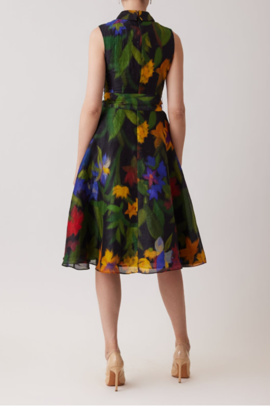 SILK LINEN HAZY FLORAL SLEEVELESS SHIRT DRESS