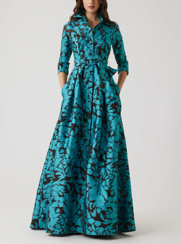 BURNOUT JACQUARD FLORAL SHIRTWAIST GOWN