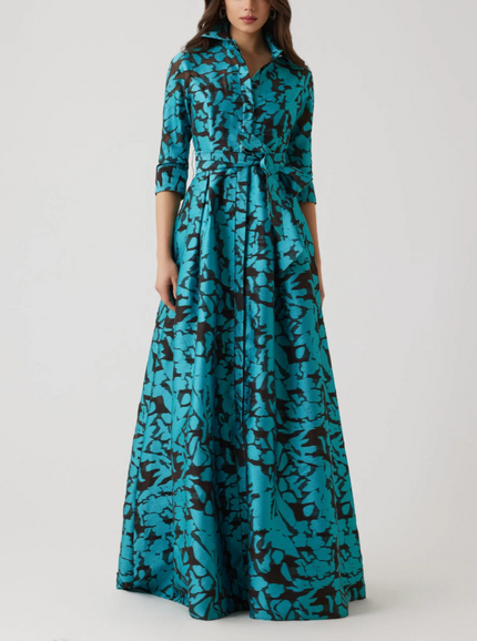 BURNOUT JACQUARD FLORAL SHIRTWAIST GOWN