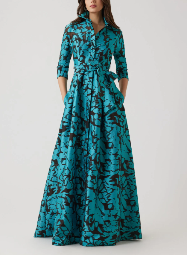 BURNOUT JACQUARD FLORAL SHIRTWAIST GOWN