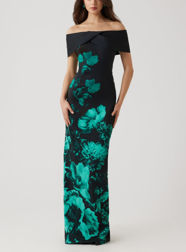 MIKADO STRETCH BORDER OFF SHOULDER GOWN