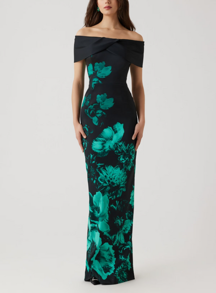 MIKADO STRETCH BORDER OFF SHOULDER GOWN
