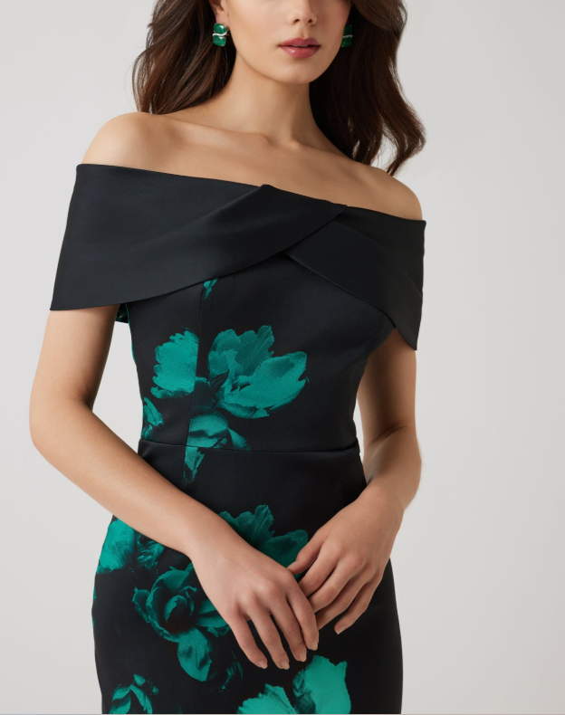 MIKADO STRETCH BORDER OFF SHOULDER GOWN
