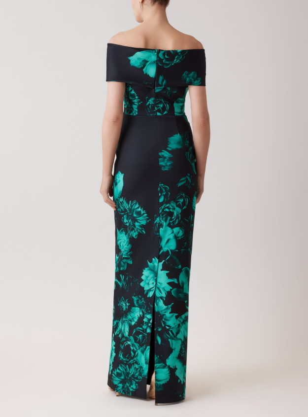 MIKADO STRETCH BORDER OFF SHOULDER GOWN