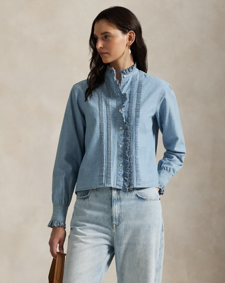 RUFFLE TRIM CHAMBRAY TOP