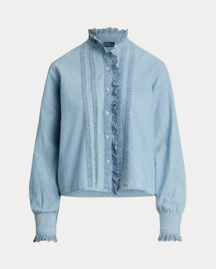 RUFFLE TRIM CHAMBRAY TOP