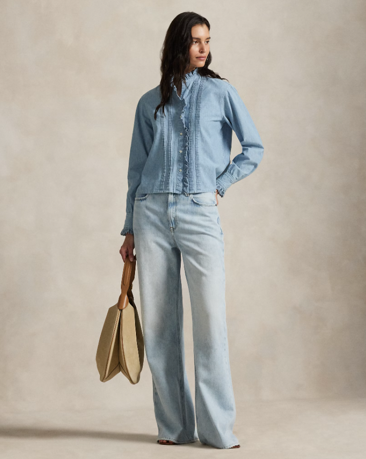 RUFFLE TRIM CHAMBRAY TOP