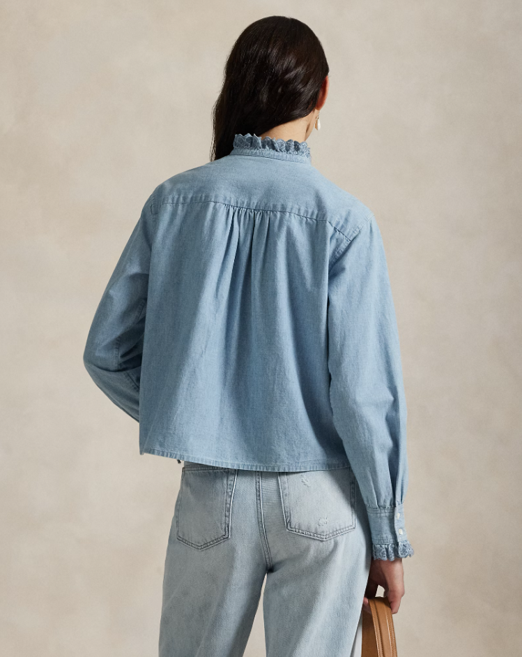RUFFLE TRIM CHAMBRAY TOP