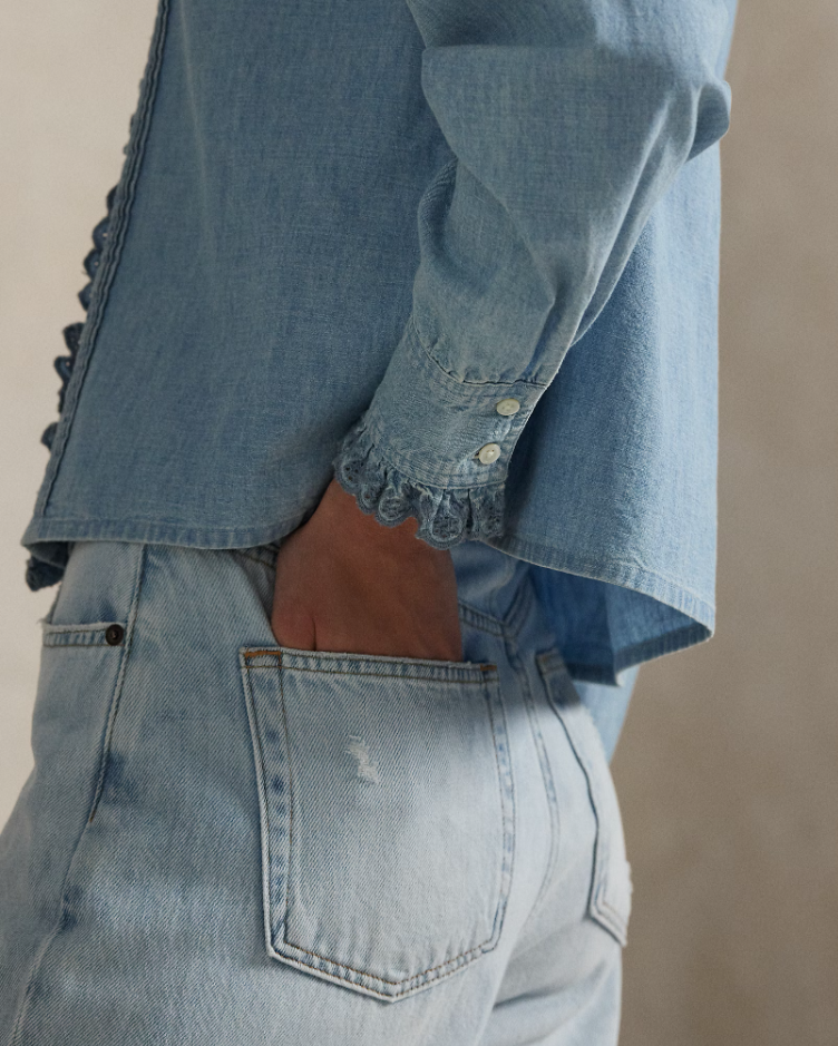 RUFFLE TRIM CHAMBRAY TOP