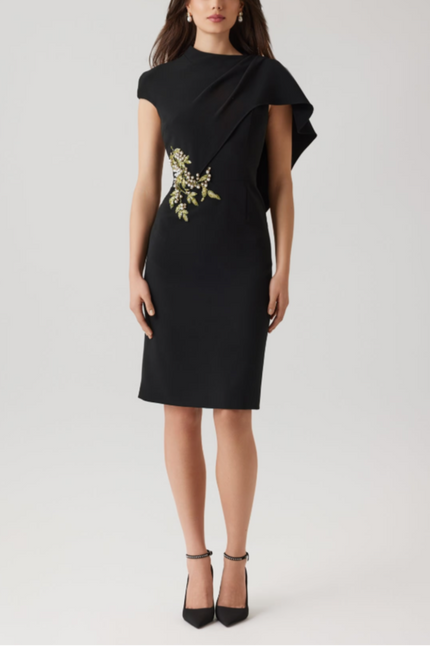 CREPE PEARL FLORAL APPLIQUE WITH CAPE DRESS