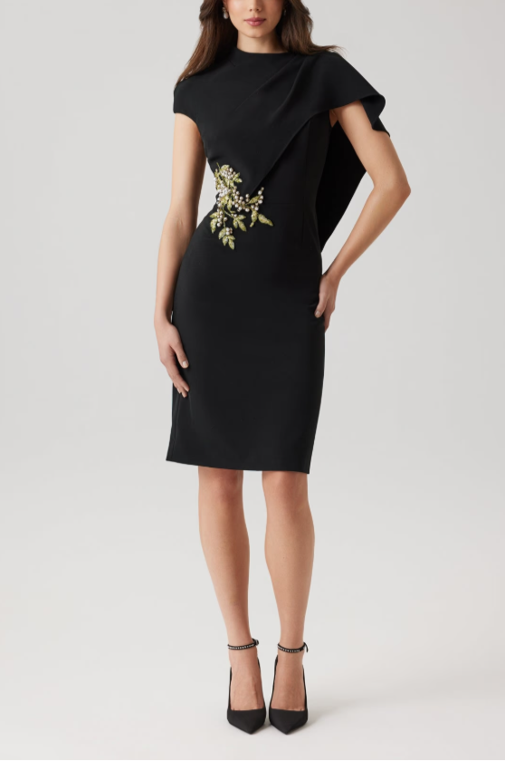 CREPE PEARL FLORAL APPLIQUE WITH CAPE DRESS