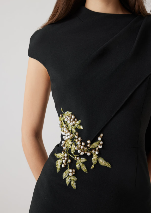 CREPE PEARL FLORAL APPLIQUE WITH CAPE DRESS