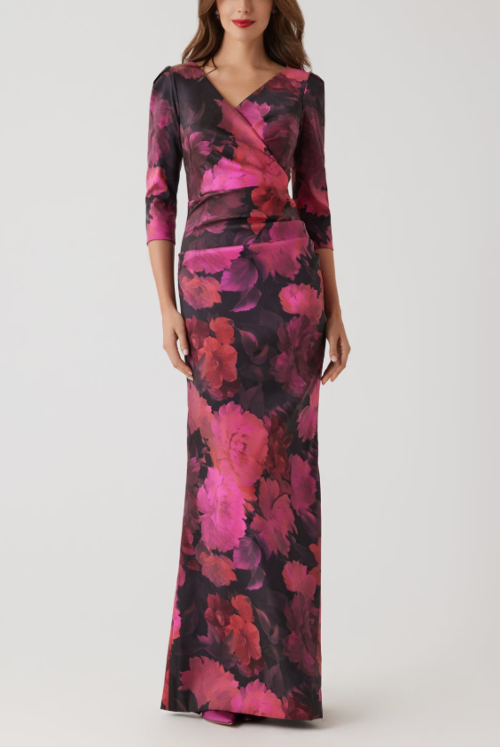 FLORAL STRETCH MIKADO RUCHED GOWN