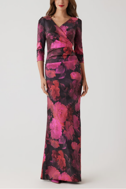 FLORAL STRETCH MIKADO RUCHED GOWN