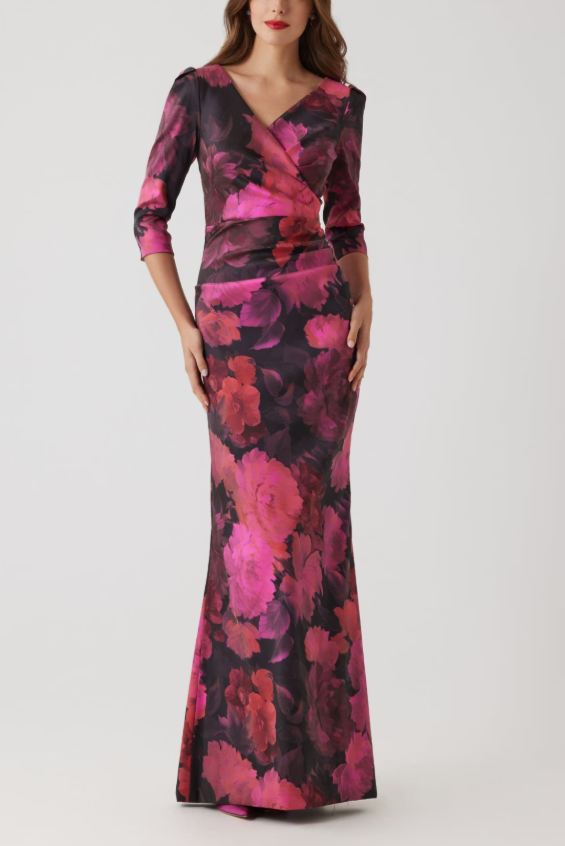 FLORAL STRETCH MIKADO RUCHED GOWN