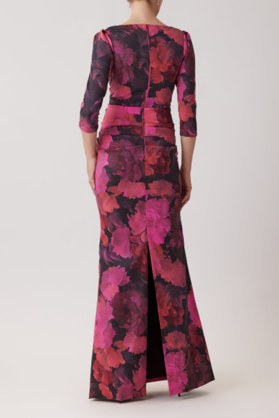 FLORAL STRETCH MIKADO RUCHED GOWN