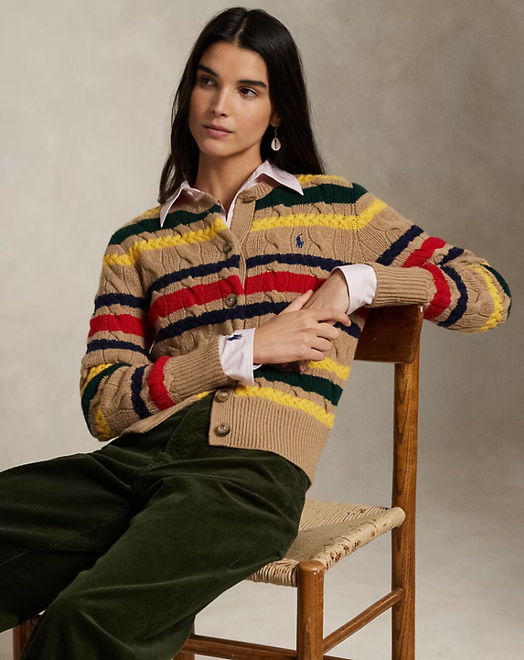 STRIPED CABLE WOOL CASHMERE CARDIGAN