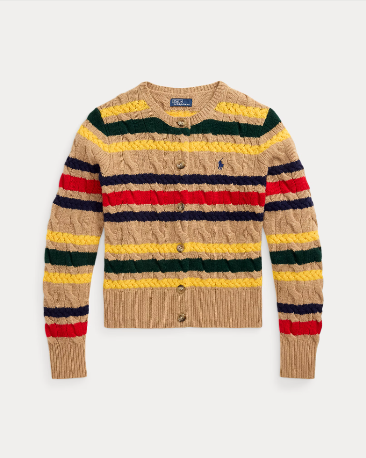 STRIPED CABLE WOOL CASHMERE CARDIGAN