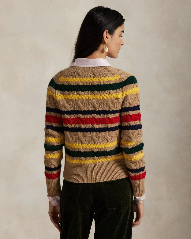 STRIPED CABLE WOOL CASHMERE CARDIGAN