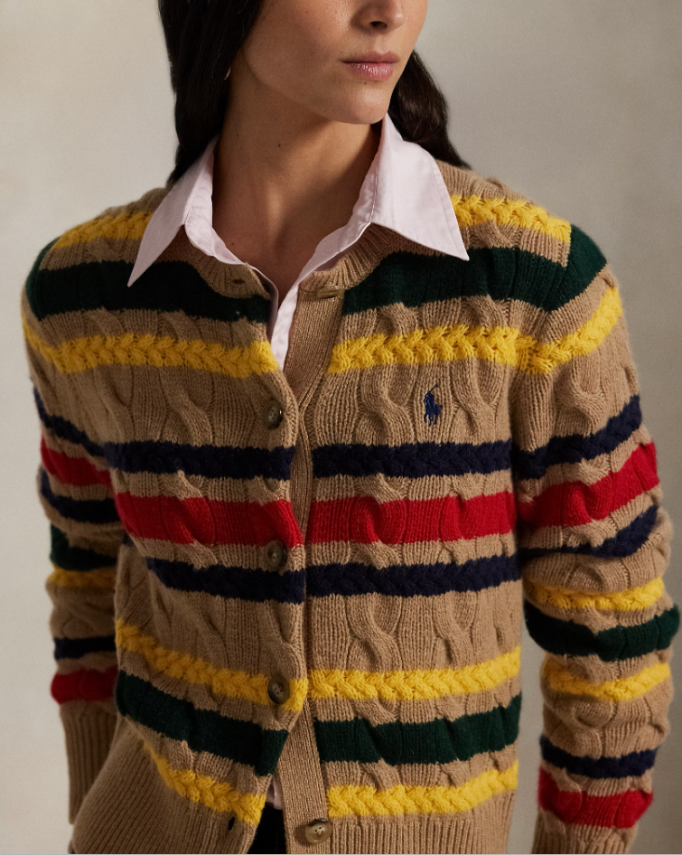STRIPED CABLE WOOL CASHMERE CARDIGAN