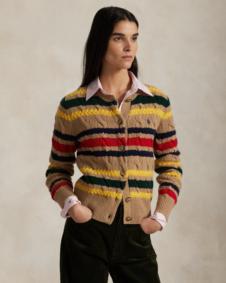 STRIPED CABLE WOOL CASHMERE CARDIGAN