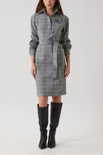 COTTON BEADED FLOWER PLAID SHIRT WAIST DRESS