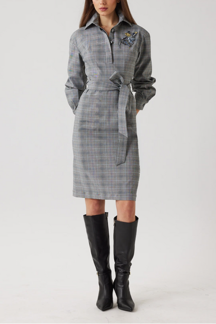 COTTON BEADED FLOWER PLAID SHIRT WAIST DRESS
