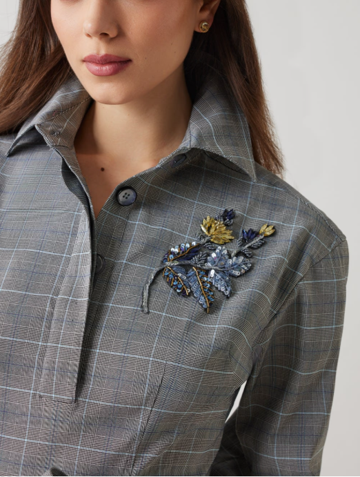 COTTON BEADED FLOWER PLAID SHIRT WAIST DRESS