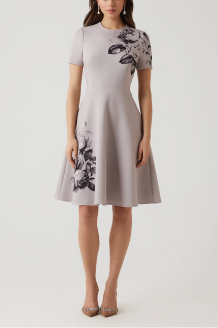 CREPE FLOWER FIT AND FLARE DRESS