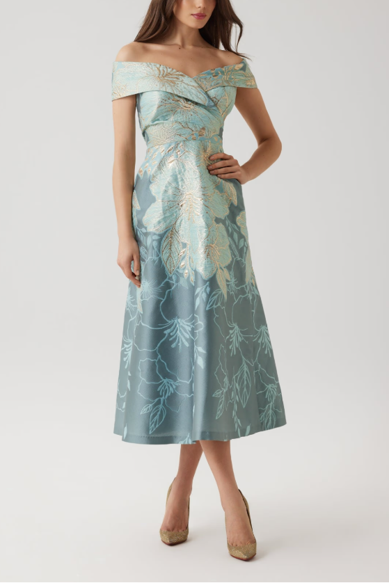 METALLIC JACQUARD FLORAL OFF THE SHOULDER DRESS