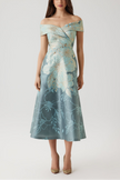 METALLIC JACQUARD FLORAL OFF THE SHOULDER DRESS
