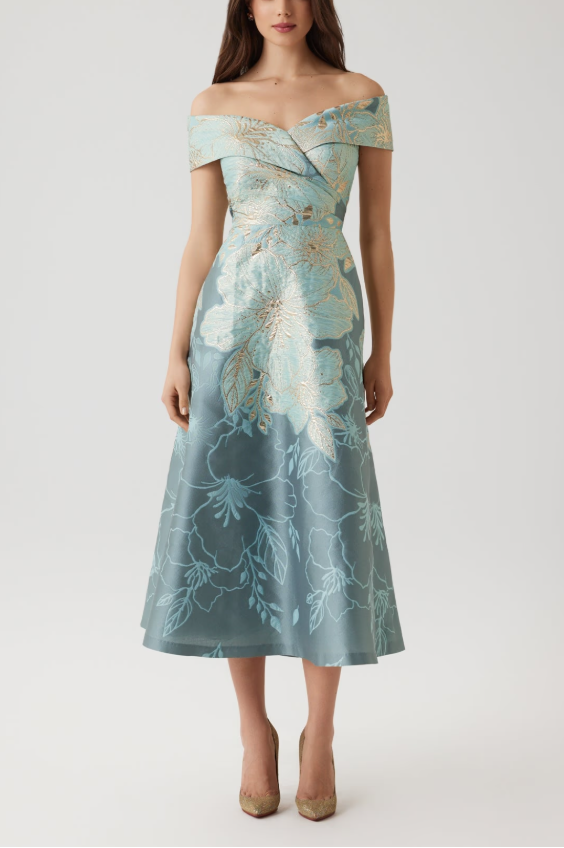 METALLIC JACQUARD FLORAL OFF THE SHOULDER DRESS