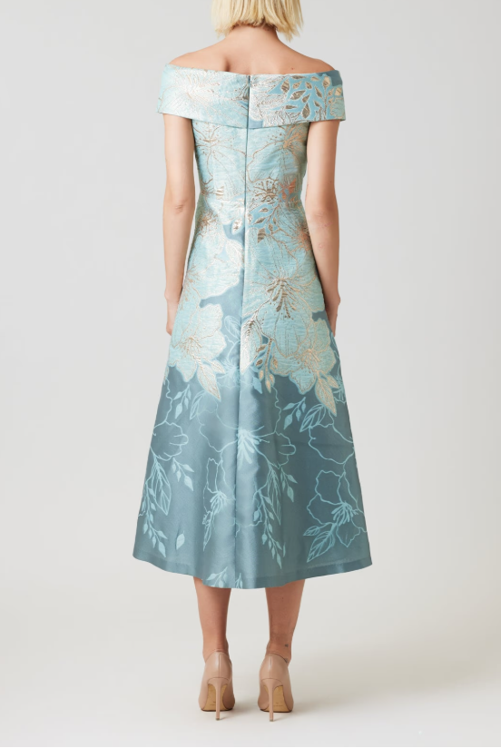 METALLIC JACQUARD FLORAL OFF THE SHOULDER DRESS