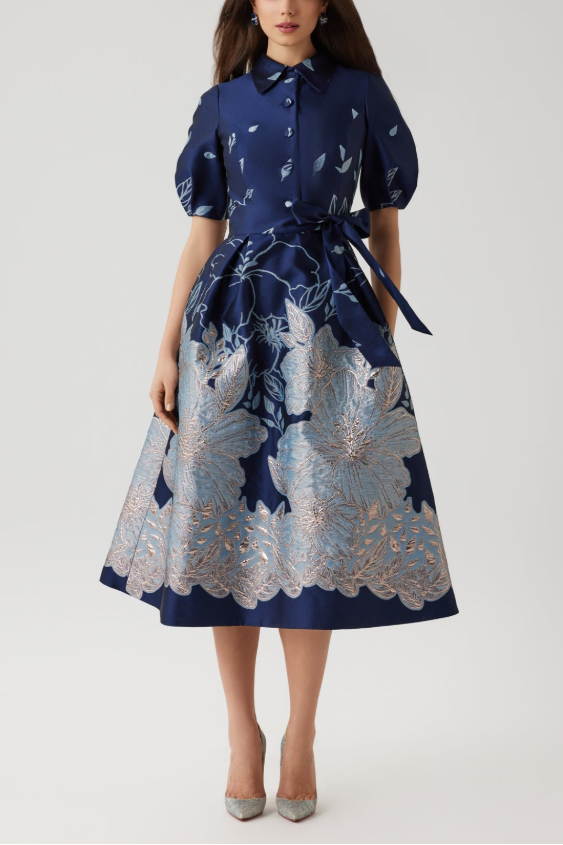 METALLIC JACQUARD FLORAL PUFF SLEEVE DRESS