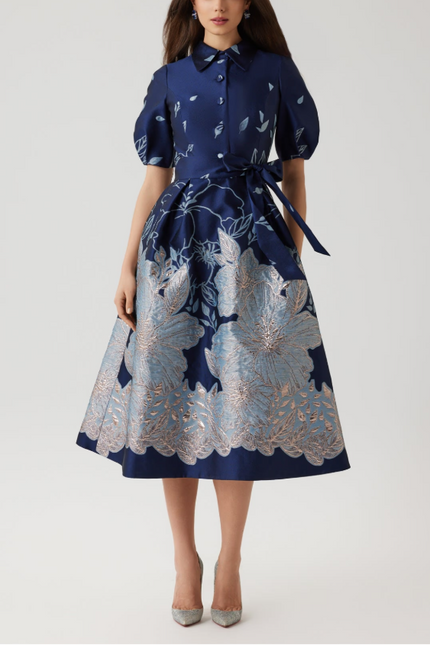 METALLIC JACQUARD FLORAL PUFF SLEEVE DRESS