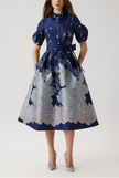 METALLIC JACQUARD FLORAL PUFF SLEEVE DRESS