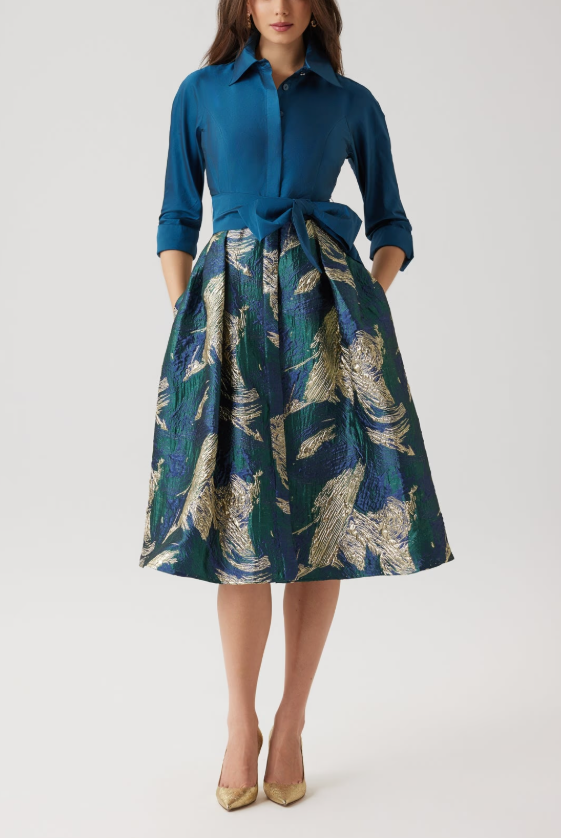 TAFFETA SHIRT DRESS WITH METALLIC JACQUARD SKIRT