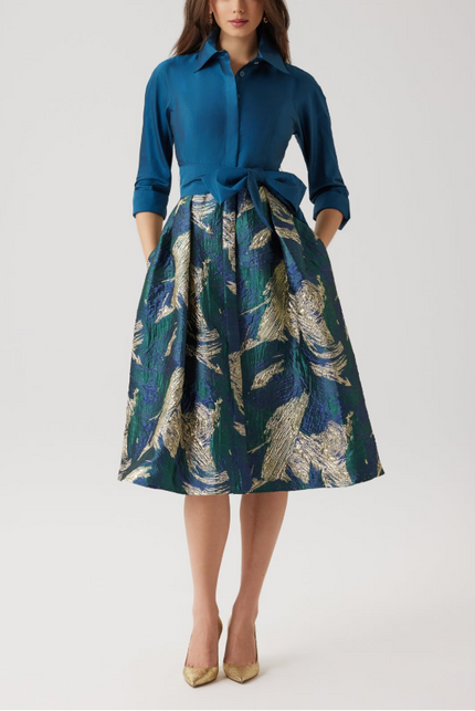 TAFFETA SHIRT DRESS WITH METALLIC JACQUARD SKIRT